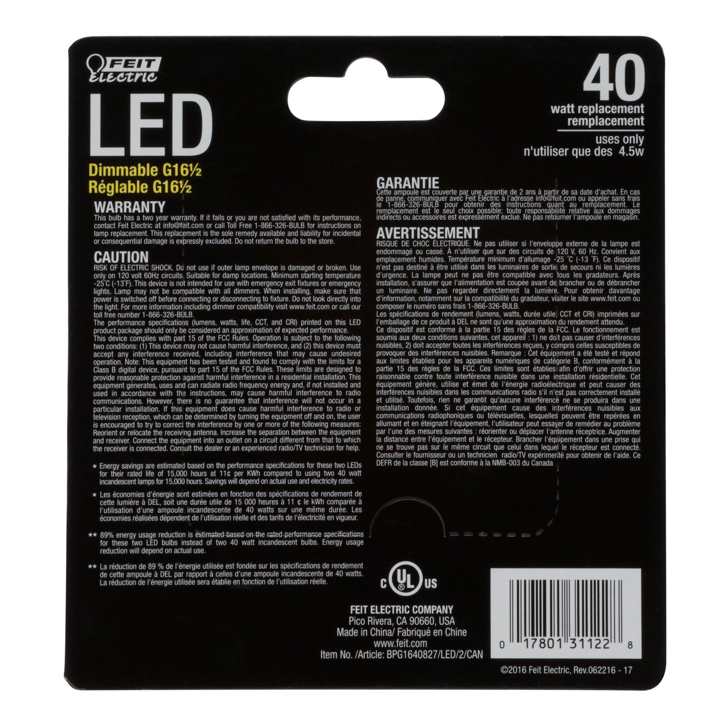 4.5W (40 Watt Equivalent) Soft White Clear G 16 1/2 Globe Dimmable Light Bulb 2 Pack (BPG1640827/LED/2/CAN) - Worldwide Electric Supplies