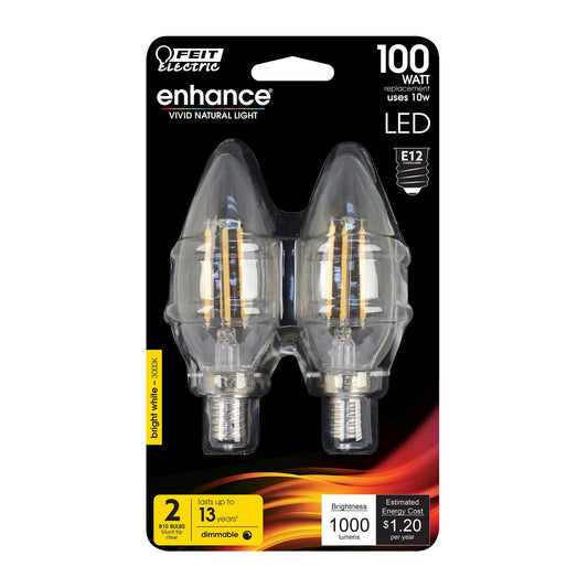 10W (100W Replacement) Bright White (3000K) E12 Base B10 Blunt Tip Dimmable Filament LED Bulb (2 - Pack) - Worldwide Electric Supplies