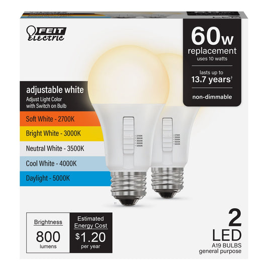 10W (60W Replacement) Adjustable White E26 Base A19 LED Bulb (2 - Pack) - Worldwide Electric Supplies