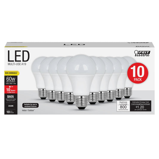 10W (60W Replacement) Neutral White (3500K) E26 Base A19 Non - Dimmable LED Light Bulb (10 - Pack) - Worldwide Electric Supplies