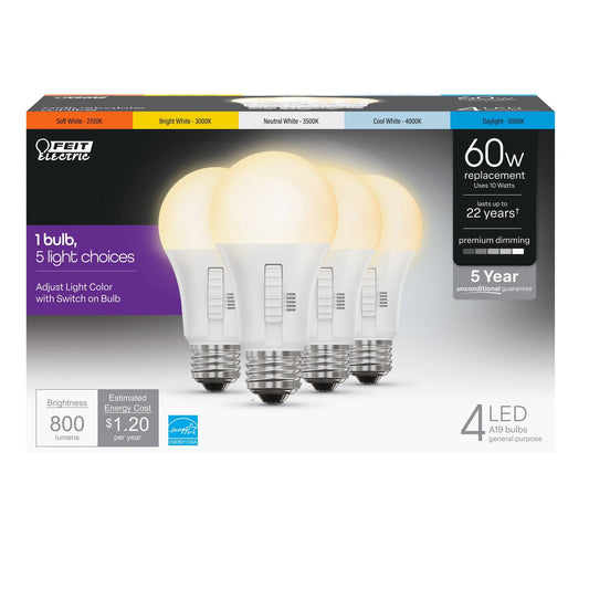 10W (60W Replacement) Selectable White A19 E26 Base Dimmable General - Purpose LED Bulb (4 - Pack) - Worldwide Electric Supplies