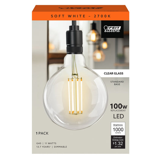 11W (100W Replacement) G40 E26 Dimmable Straight Filament Clear Glass Vintage Edison LED Light Bulb, Soft White - Worldwide Electric Supplies
