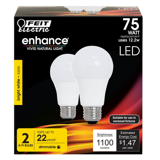 12.2W (75W Replacement) Bright White (3000K) E26 Base A19 Dimmable Enhance General Purpose LED (2 - Pack) - Worldwide Electric Supplies