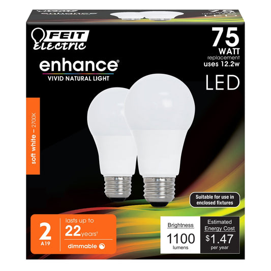 12.2W (75W Replacement) Soft White (2700K) E26 Base A19 Dimmable Enhance General Purpose LED (2 - Pack) - Worldwide Electric Supplies