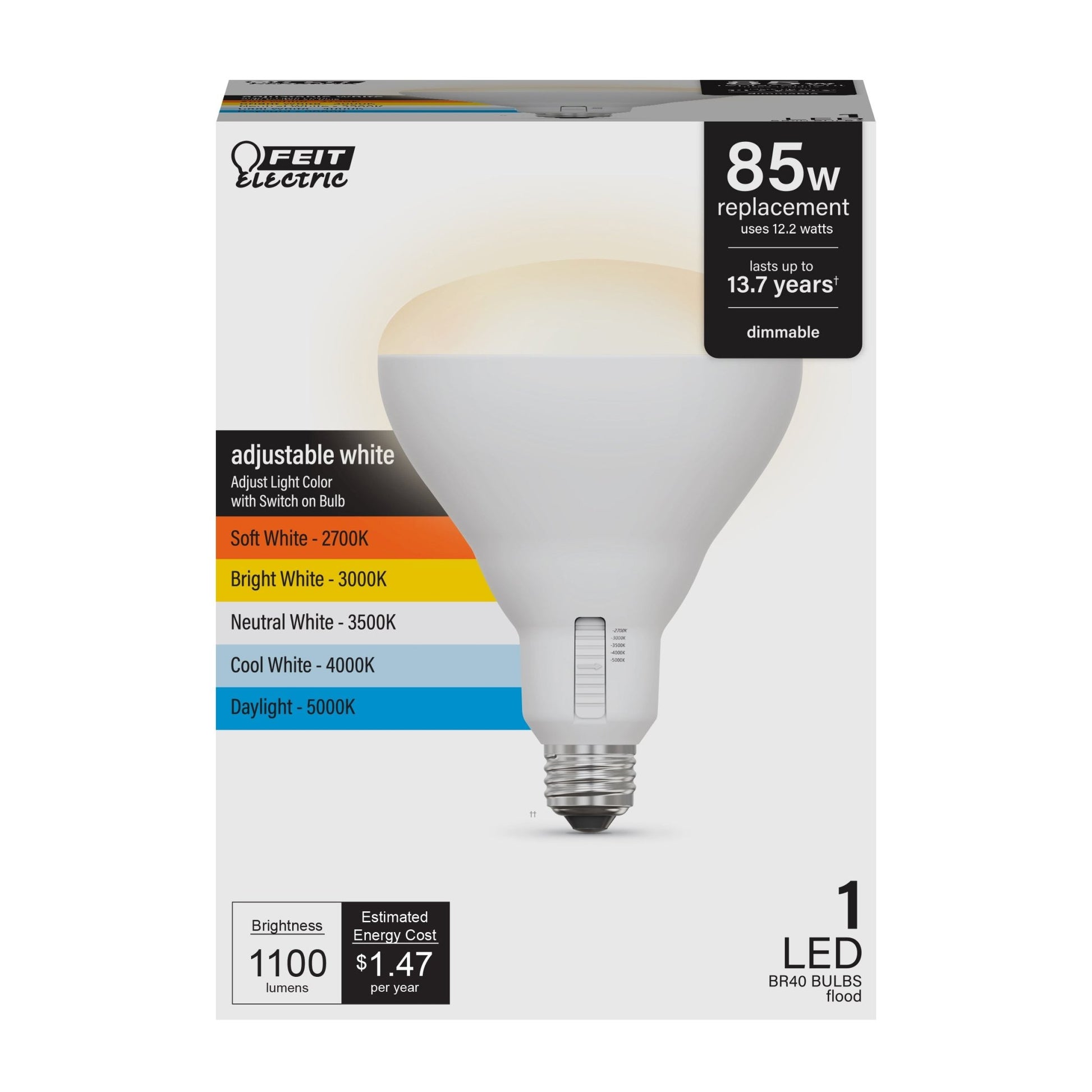 12.2W (85W Replacement) Adjustable White (5CCT) E26 Base Dimmable BR40 Shape LED Bulb - Worldwide Electric Supplies