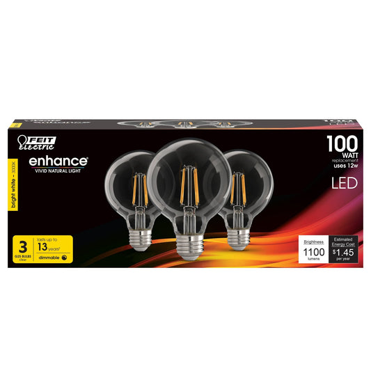 12W (100W Replacement) Bright White (3000K) E26 Base G25 Filament LED Light Bulb (3 - Pack) - Worldwide Electric Supplies