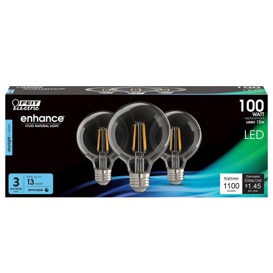 12W (100W Replacement) Daylight (5000K) E26 Base G25 Clear Filament LED Bulb (3 - Pack) - Worldwide Electric Supplies