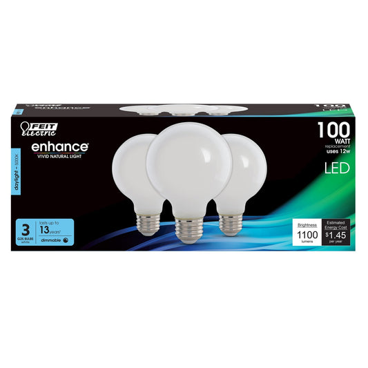 12W (100W Replacement) Daylight (5000K) E26 Base G25 Frost Filament LED (3 - Pack) - Worldwide Electric Supplies
