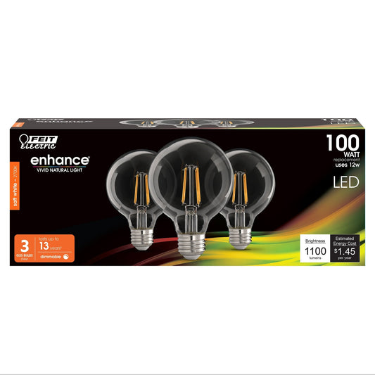 12W (100W Replacement) Soft White (2700K) E26 Base G25 Dimmable Filament LED (3 - Pack) - Worldwide Electric Supplies