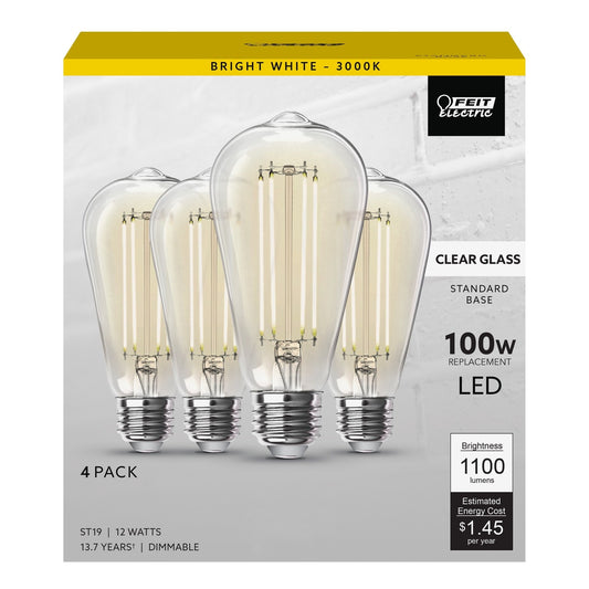12W (100W Replacement) ST19 E26 Dimmable Straight Filament Clear Glass Vintage Edison LED Light Bulb, Bright White (4 - Pack) - Worldwide Electric Supplies