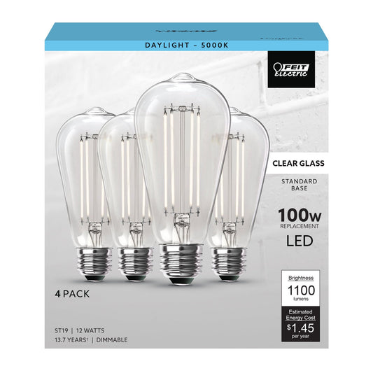 12W (100W Replacement) ST19 E26 Dimmable Straight Filament Clear Glass Vintage Edison LED Light Bulb, Daylight (4 - Pack) - Worldwide Electric Supplies