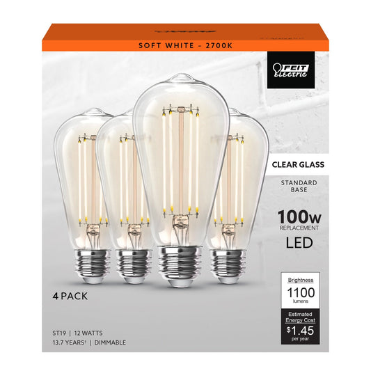 12W (100W Replacement) ST19 E26 Dimmable Straight Filament Clear Glass Vintage Edison LED Light Bulb, Soft White (4 - Pack) - Worldwide Electric Supplies