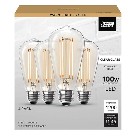 12W (100W Replacement) ST19 E26 Dimmable Straight Filament Clear Glass Vintage Edison LED Light Bulb, Warm Light (4 - Pack) - Worldwide Electric Supplies