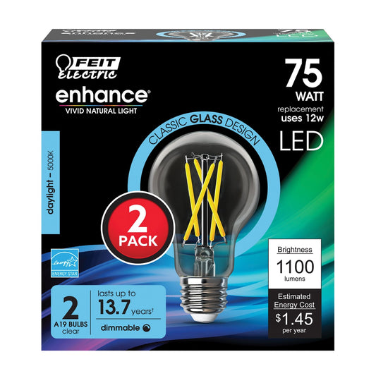 12W (75W Replacement) Daylight (5000K) A19 E26 Base Clear LED Filament Bulb (2 - Pack) - Worldwide Electric Supplies