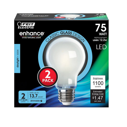 12W (75W Replacement) Daylight (5000K) A19 Enhance Dimmable Glass Filament General Purpose LED (2 - Pack) - Worldwide Electric Supplies