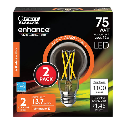 12W (75W Replacement) Soft White (2700K) A19 (E26 Base) Dimmable Clear Glass Enhance LED Filament Light Bulb (2 - Pack) - Worldwide Electric Supplies