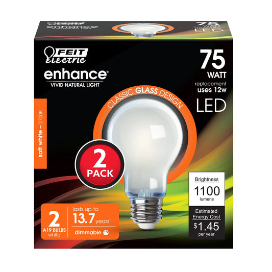 12W (75W Replacement) Soft White (2700K) A19 Enhance Dimmable Glass Filament General Purpose LED (2 - Pack) - Worldwide Electric Supplies