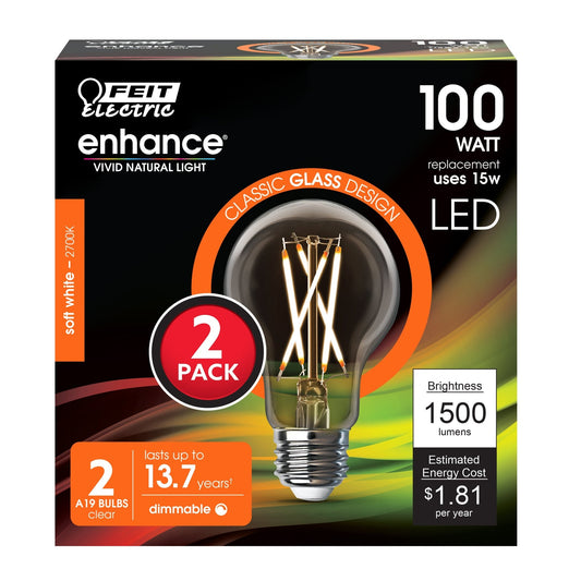 15W (100W Equivalent) Soft White (2700K) A19 Dimmable General Purpose Clear Glass Filament Enhance LED (2 - Pack) - Worldwide Electric Supplies