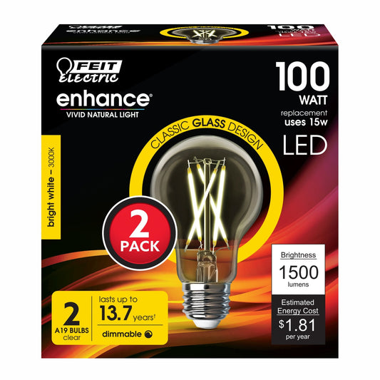 15W (100W Replacement) Bright White (3000K) A19 (E26 Base) Clear Enhance Filament LED (2 - Pack) - Worldwide Electric Supplies