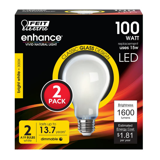 15W (100W Replacement) Bright White (3000K) A19 (E26 Base) Frost Filament LED (2 - Pack) - Worldwide Electric Supplies