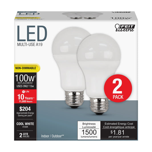 15W (100W Replacement) Cool White (4100K) E26 Base A19 General Purpose LED (2 - Pack) - Worldwide Electric Supplies