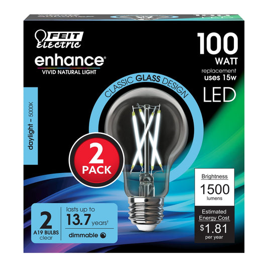 15W (100W Replacement) Daylight (5000K) A19 E26 Base Dimmable Clear LED Bulb (2 - Pack) - Worldwide Electric Supplies