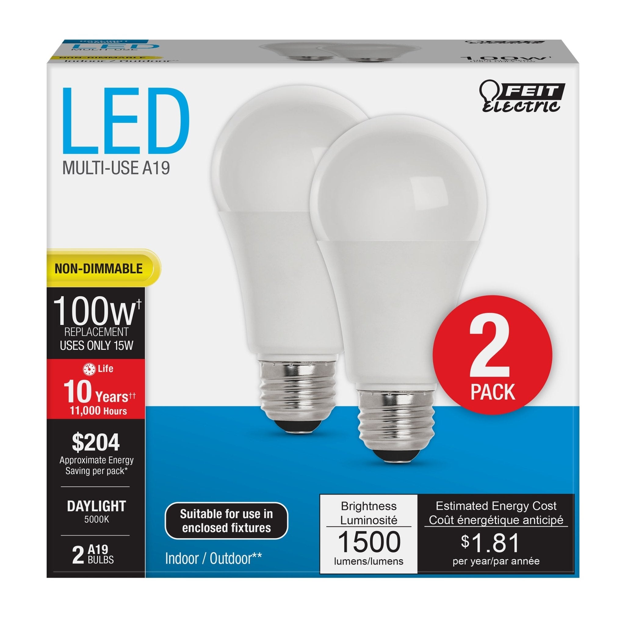 15W (100W Replacement) Daylight (5000K) E26 Base A19 General Purpose LED (2 - Pack) - Worldwide Electric Supplies