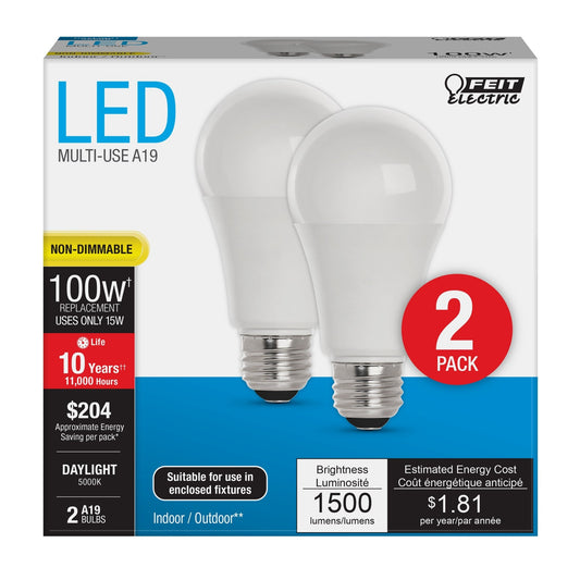 15W (100W Replacement) Daylight (5000K) E26 Base A19 General Purpose LED (2 - Pack) - Worldwide Electric Supplies