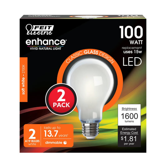 15W (100W Replacement) Soft White (2700K) A19 Dimmable Frosted Glass Enhance LED (2 - Pack) - Worldwide Electric Supplies