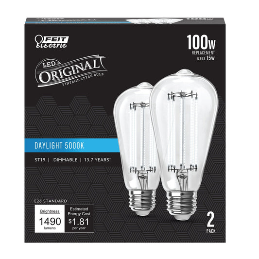 15W (100W Replacement) ST19 E26 Dimmable Straight Filament Clear Glass Vintage Edison LED Light Bulb, Daylight (2 - Pack) - Worldwide Electric Supplies
