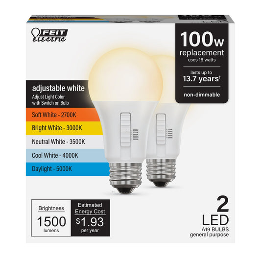 16W (100W Replacement) Adjustable White E26 Base A19 LED Bulb (2 - Pack) - Worldwide Electric Supplies