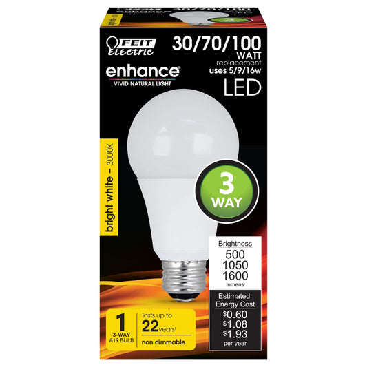 16W (30/70/100W Replacement) Bright White (3000K) A19 (E26 Base) 3 - Way LED Light Bulb - Worldwide Electric Supplies