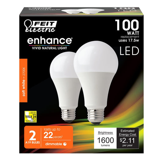 17.5W (100W Replacement) Soft White A19 Dimmable LED Enhance LED (2 - Pack) - Worldwide Electric Supplies