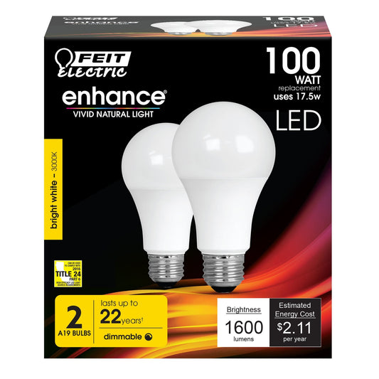 17.5W (100W Replacement) Warm White (3000K) A19 (E26 Base) Dimmable Enhance LED (2 - Pack) - Worldwide Electric Supplies