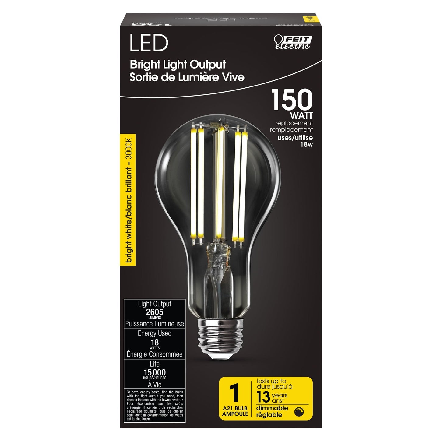 18W (150W Replacement) Bright White (3000K) A21 E26 Base Dimmable Bright Light Output LED Filament Light Bulb - Worldwide Electric Supplies