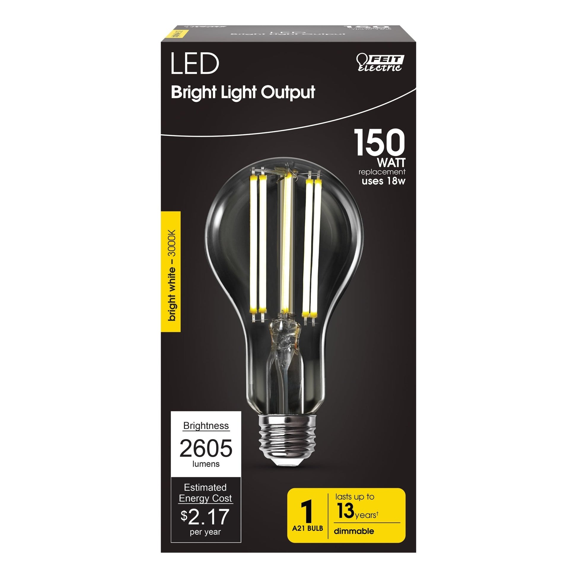 18W (150W Replacement) Bright White (3000K) A21 E26 Base Dimmable Bright Light Output LED Filament Light Bulb - Worldwide Electric Supplies