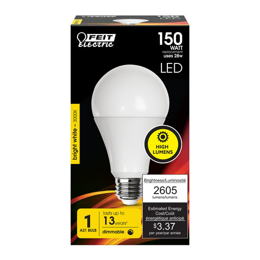 28W (150W Replacement) Bright White (3000K) A21 E26 Base Dimmable High Lumen LED - Worldwide Electric Supplies