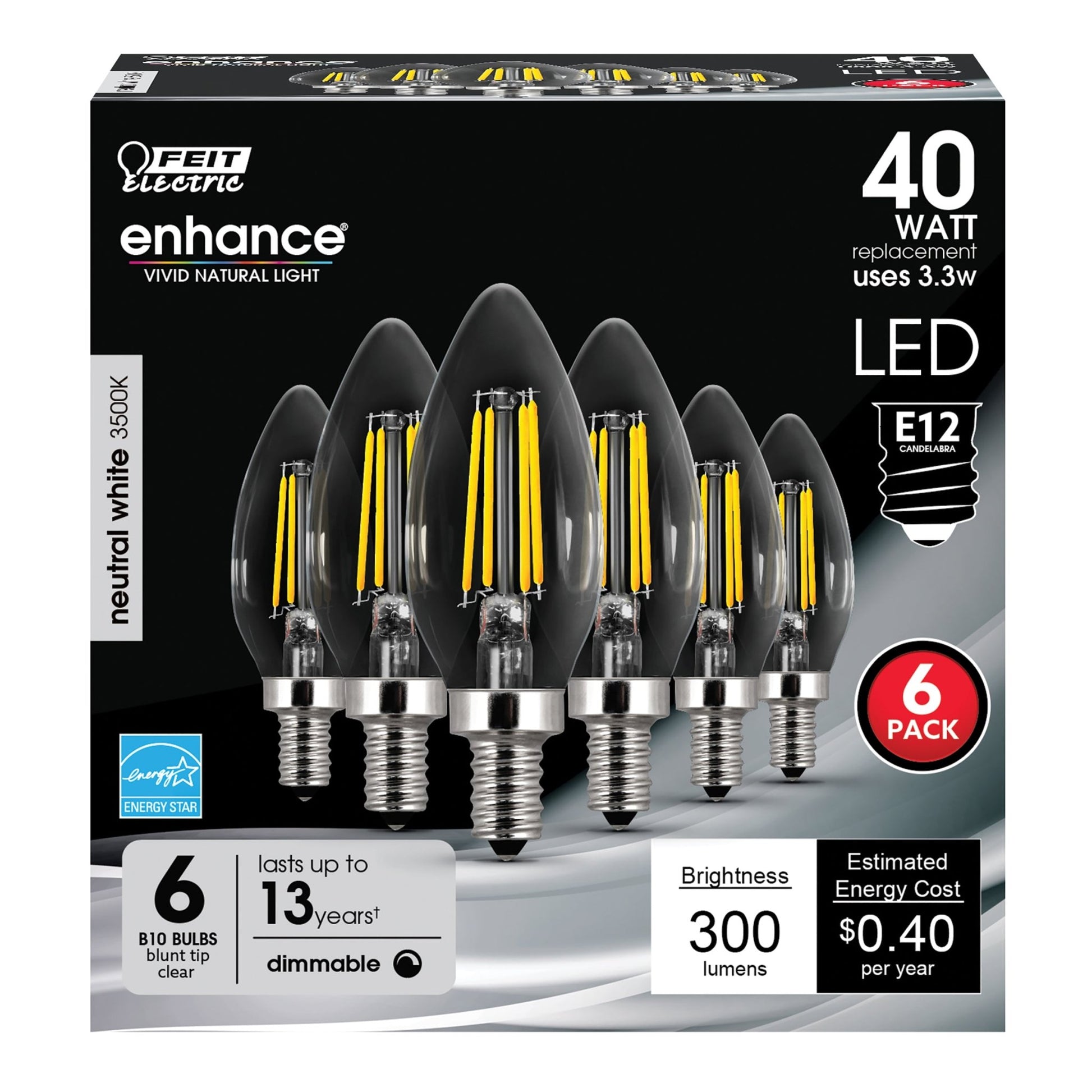 3.2W (40W Replacement) True White (3500K) E12 Base B10 Blunt Tip Dimmable Enhance Filament LED Bulb (6 - Pack) - Worldwide Electric Supplies