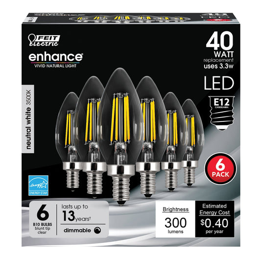 3.2W (40W Replacement) True White (3500K) E12 Base B10 Blunt Tip Dimmable Enhance Filament LED Bulb (6 - Pack) - Worldwide Electric Supplies
