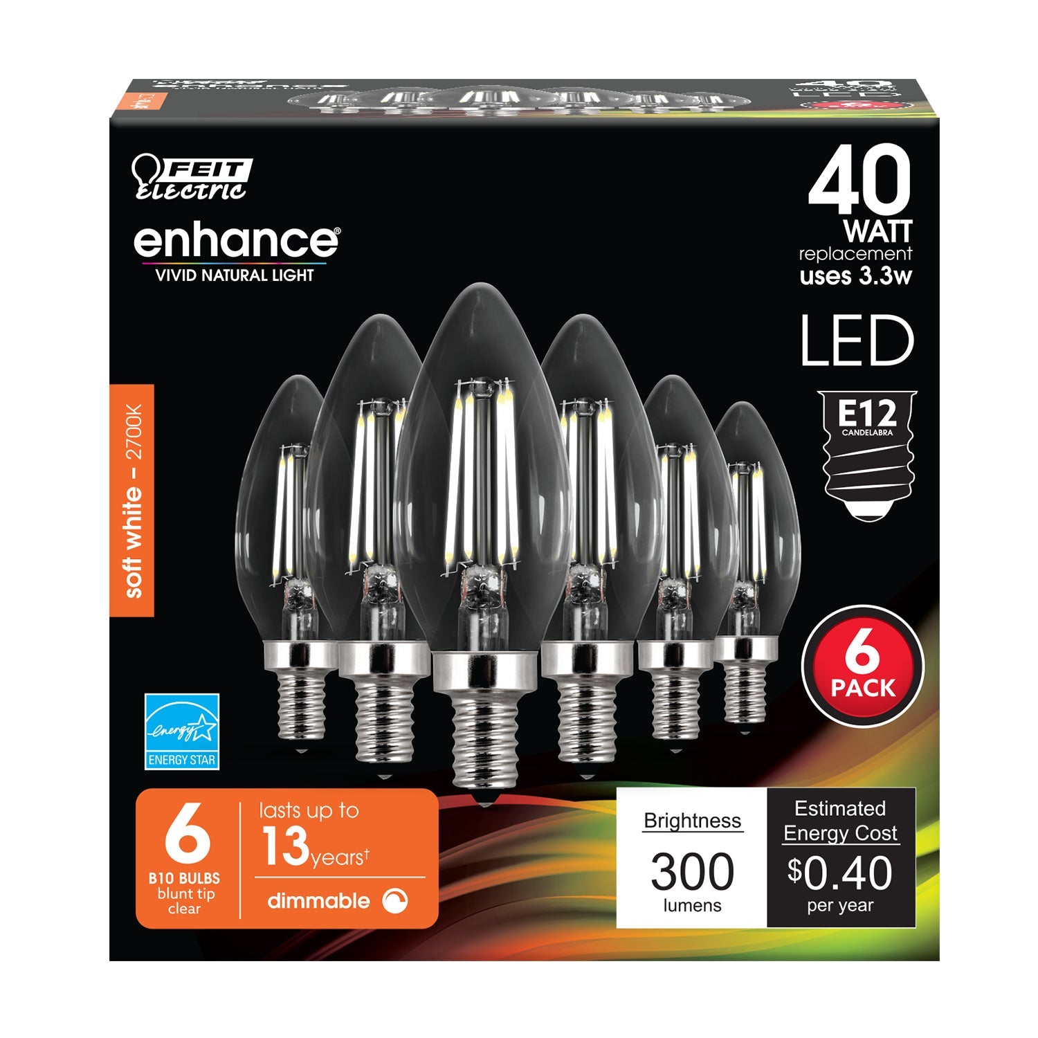 3.3W (40W Replacement) Soft White (2700K) Clear B10 Dimmable Decorative Enhance (6 - Pack) - Worldwide Electric Supplies