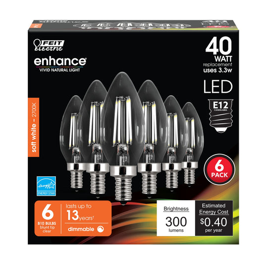 3.3W (40W Replacement) Soft White (2700K) Clear B10 Dimmable Decorative Enhance (6 - Pack) - Worldwide Electric Supplies
