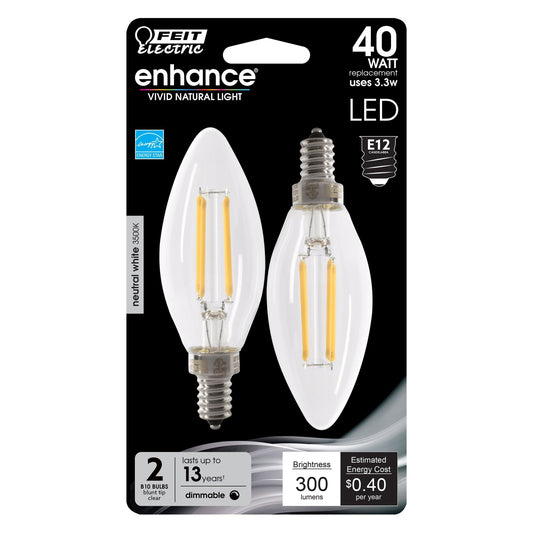 3.3W (40W Replacement) True White (3500K) E12 Base B10 Blunt Tip Dimmable Filament LED (2 - Pack) - Worldwide Electric Supplies