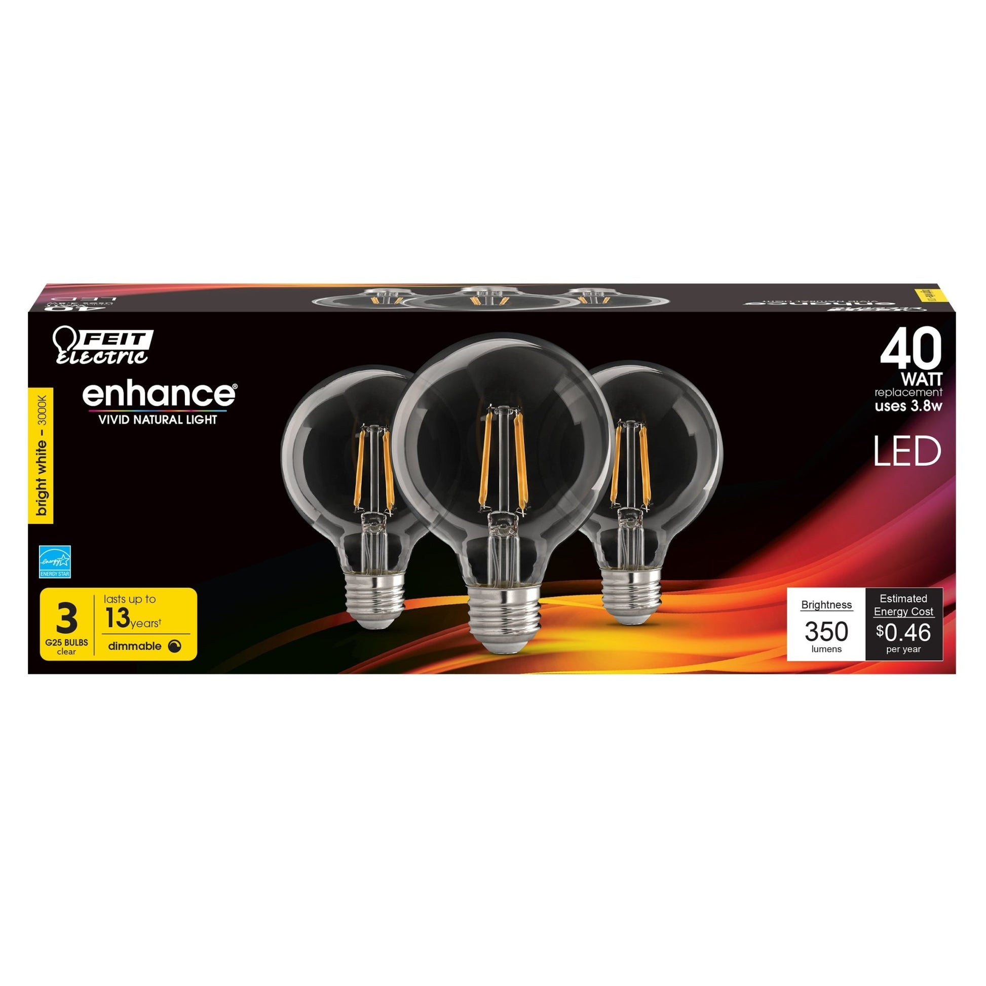 3.8W (40W Replacement) Bright White (3000K) E26 Base G25 Filament LED Bulb (3 - Pack) - Worldwide Electric Supplies