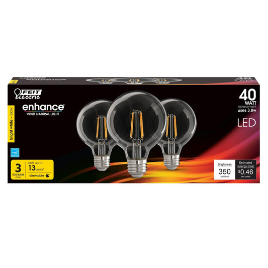3.8W (40W Replacement) Bright White (3000K) E26 Base G25 Filament LED Bulb (3 - Pack) - Worldwide Electric Supplies