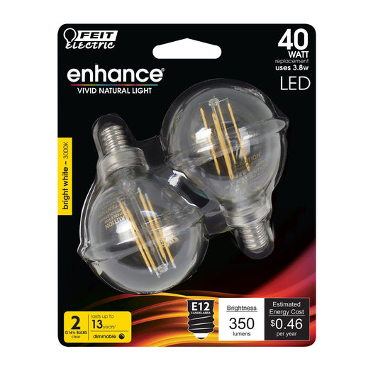 3.8W (40W Replacement) Bright White (3000K) G16 1/2 (E12 Base) Filament LED Bulb (2 - Pack) - Worldwide Electric Supplies