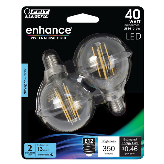 3.8W (40W Replacement) G16 1/2 Daylight Dimmable Enhance Glass Filament Globe LED (2 - Pack) - Worldwide Electric Supplies