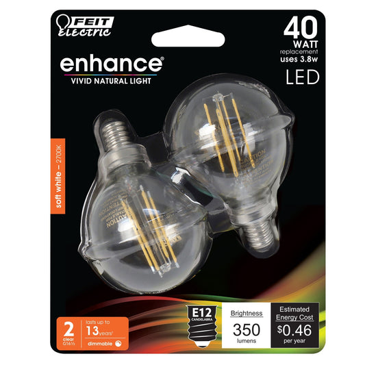 3.8W (40W Replacement) G16 1/2 Soft White Dimmable Enhance Glass Filament Globe LED (2 - Pack) - Worldwide Electric Supplies