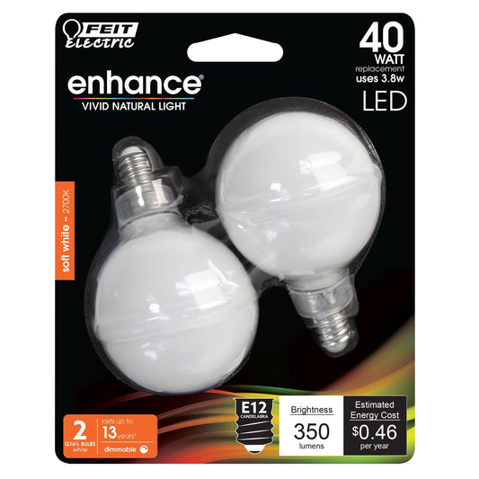 3.8W (40W Replacement) Soft White (2700K) G16 1/2 (E12 Base) Frost Filament LED Bulb (2 - Pack) - Worldwide Electric Supplies