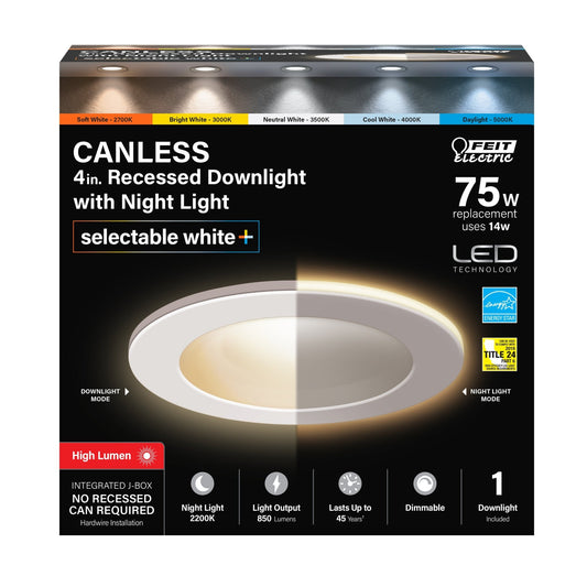 4 in. Tethered J - Box Selectable White (5CCT) LED Downlight With Night Light Mode - Worldwide Electric Supplies