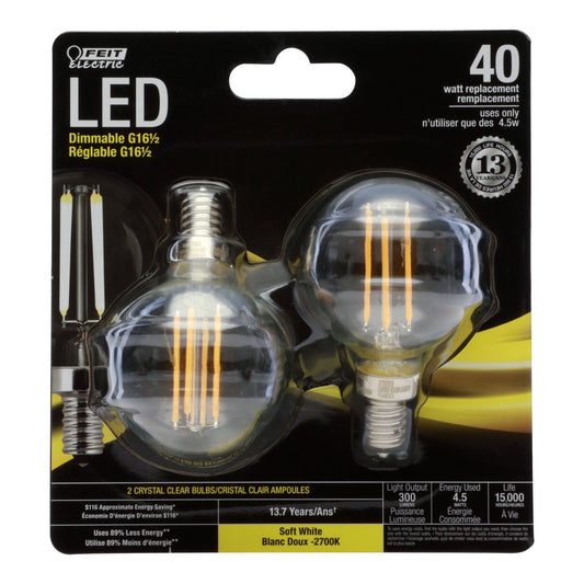 4.5W (40 Watt Equivalent) Soft White Clear G 16 1/2 Globe Dimmable Light Bulb 2 Pack (BPG1640827/LED/2/CAN) - Worldwide Electric Supplies